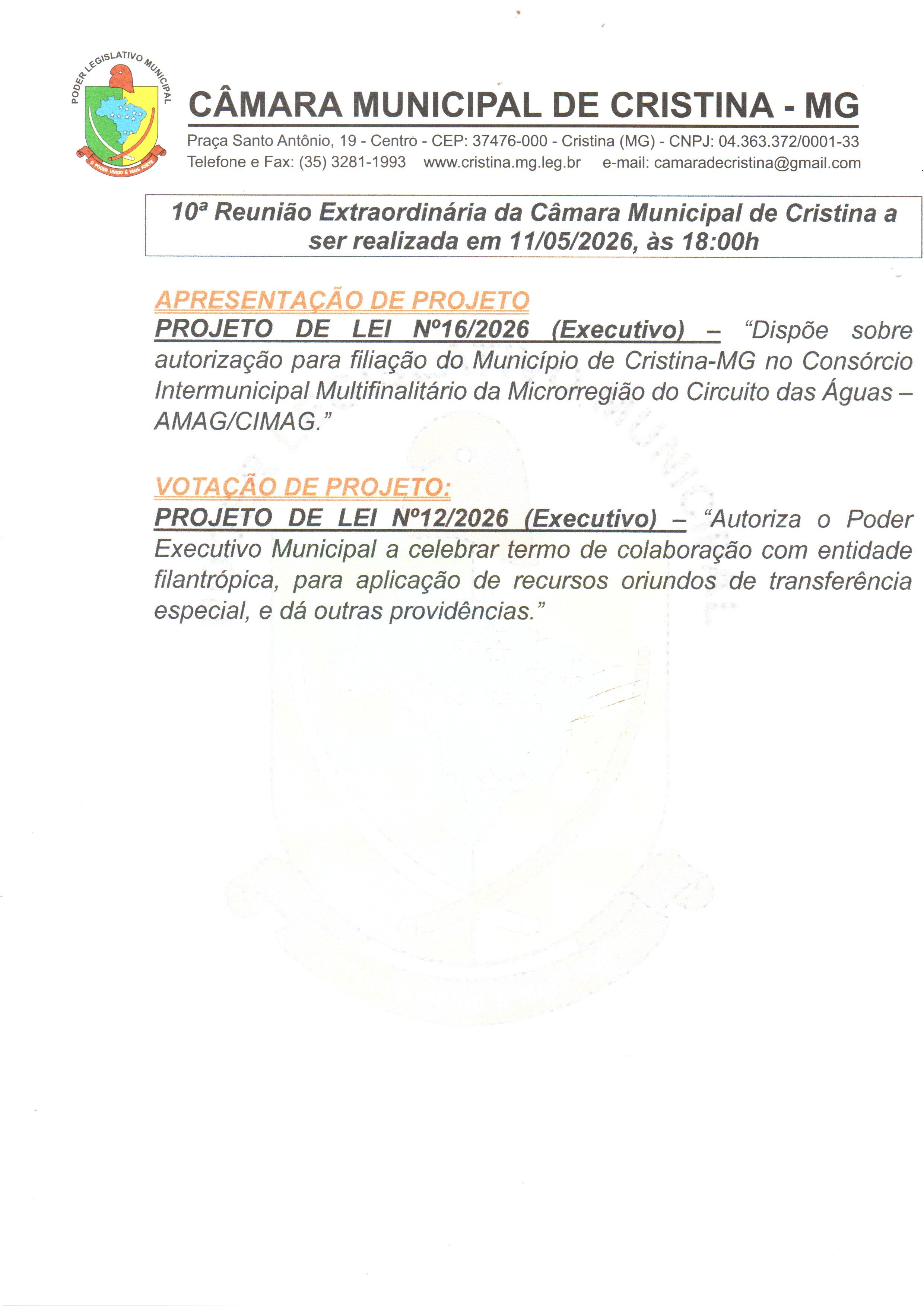 10ª Reunião Extraordinária da Câmara Municipal de Cristina a ser realizada às 18h do dia 11/05/2026