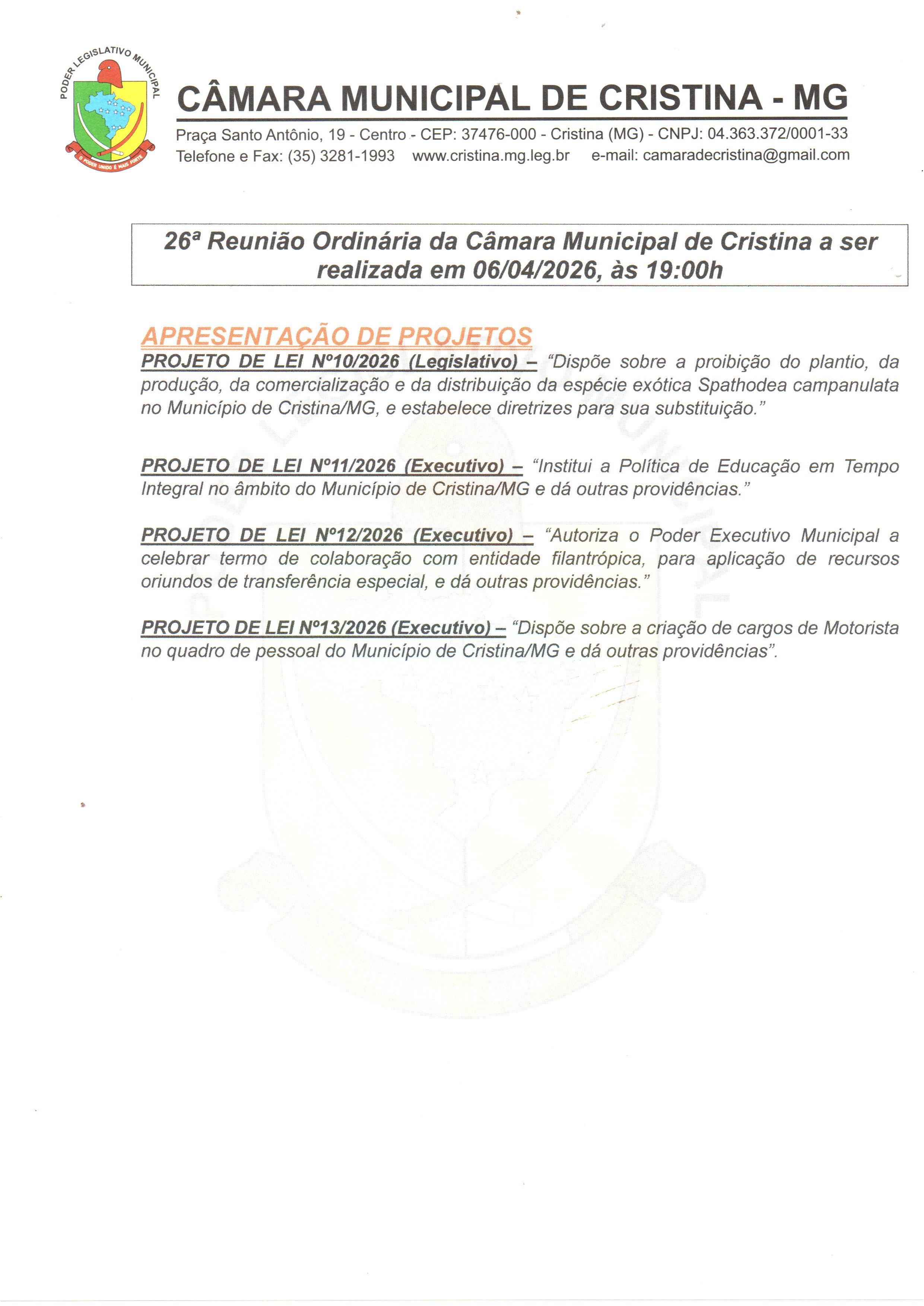 26ª Reunião Ordinária da Câmara Municipal de Cristina a ser realizada às 19h do dia 06/04/2026