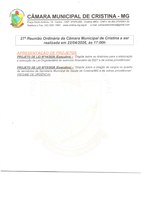 27ª Reunião Ordinária da Câmara Municipal de Cristina a ser realizada às 17h do dia 22/04/2026