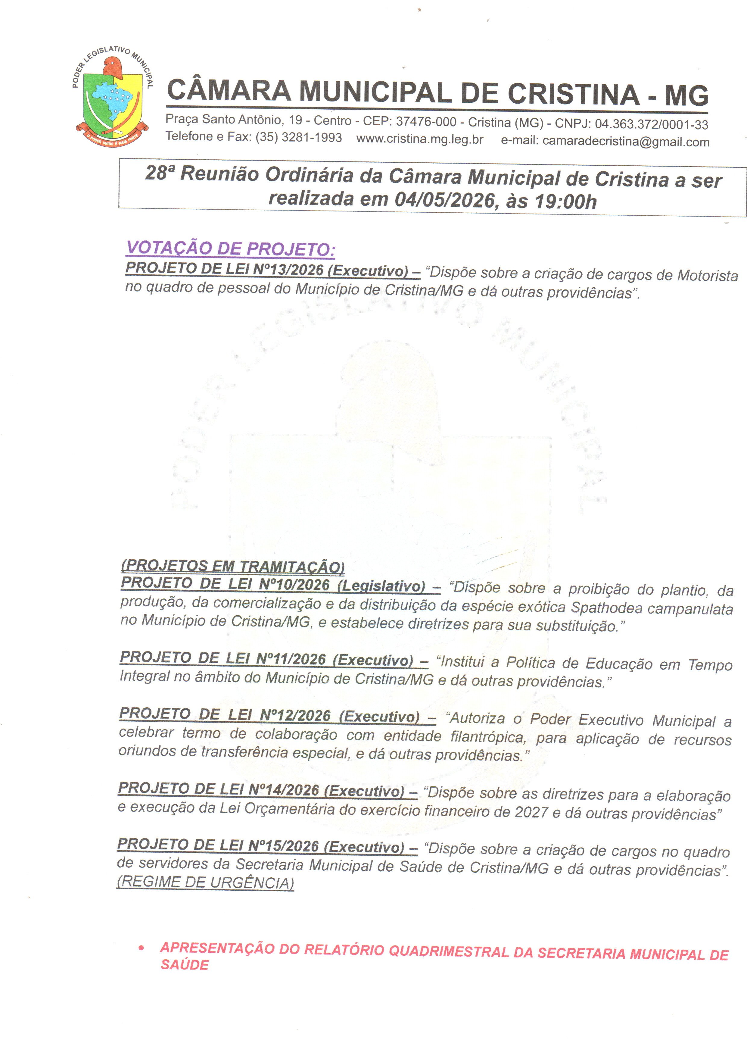 28ª Reunião Ordinária da Câmara Municipal de Cristina a ser realizada às 19h do dia 04/05/2026