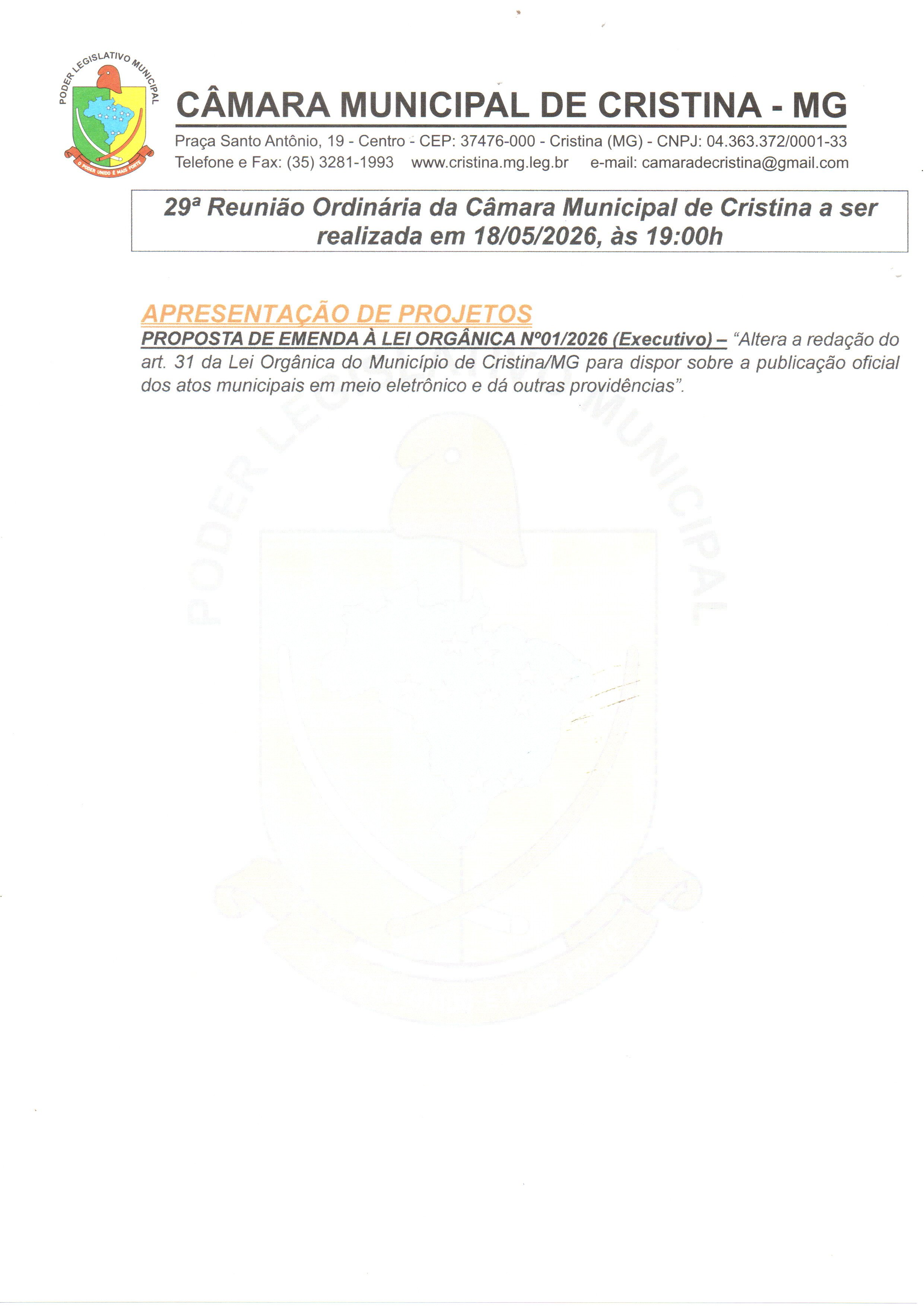 29ª Reunião Ordinária da Câmara Municipal de Cristina a ser realizada às 19h do dia 18/05/2026