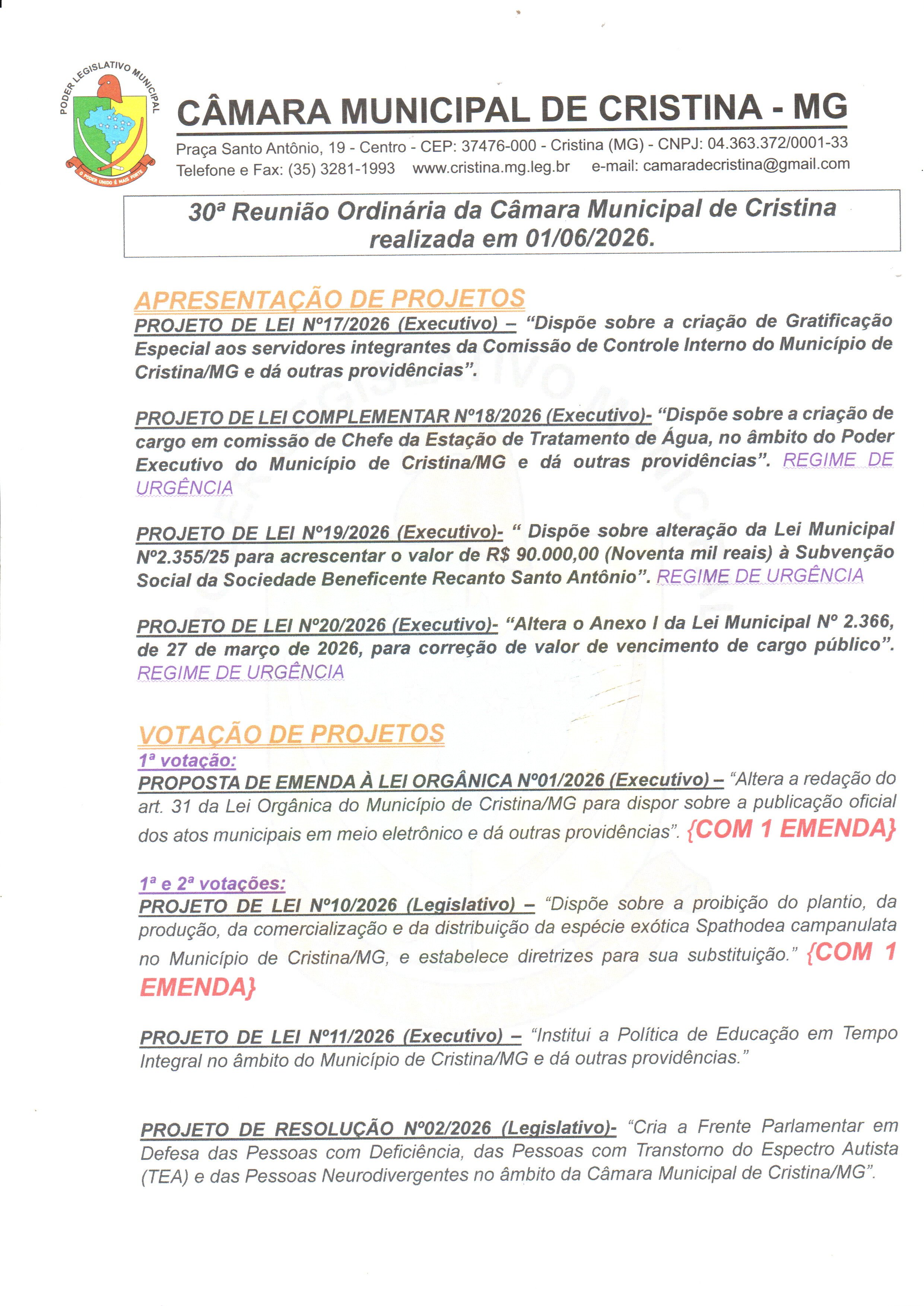 30ª Reunião Ordinária da Câmara Municipal de Cristina a ser realizada às 19h do dia 01/06/2026