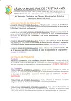30ª Reunião Ordinária da Câmara Municipal de Cristina a ser realizada às 19h do dia 01/06/2026