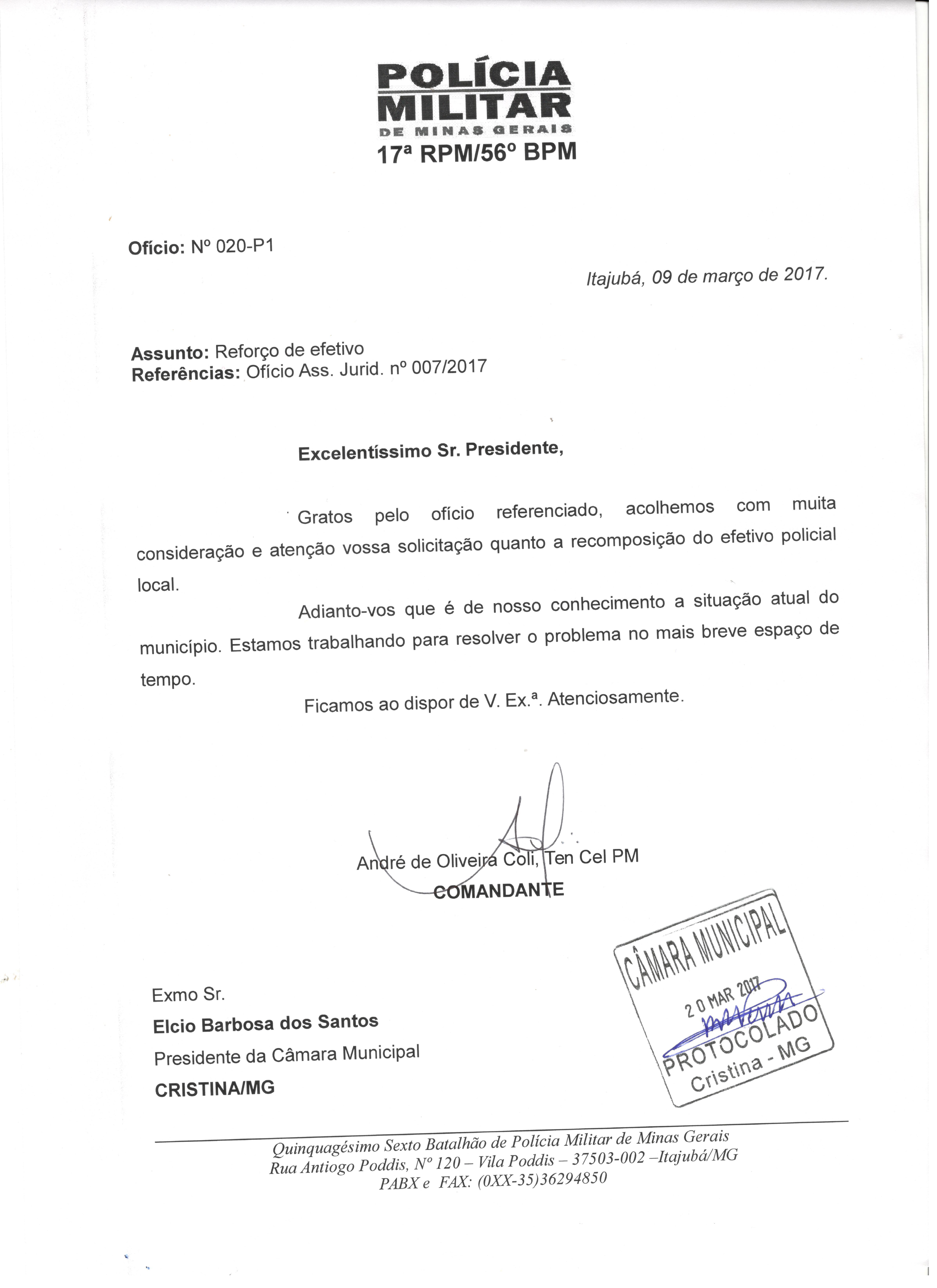 Polícia Militar de Minas Gerais responde a solicitação de vereador