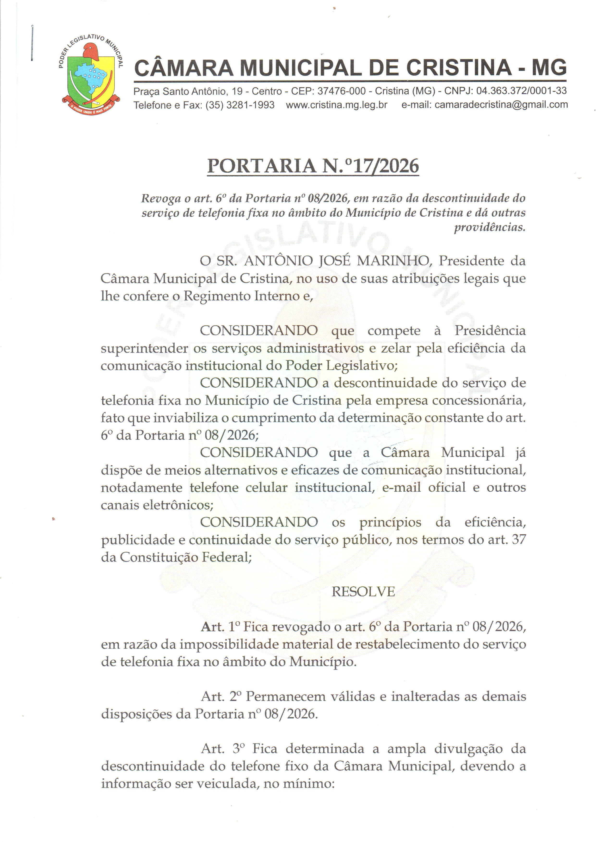 Comunicado à população: Descontinuidade do serviço de telefonia fixa da Câmara Municipal de Cristina-MG