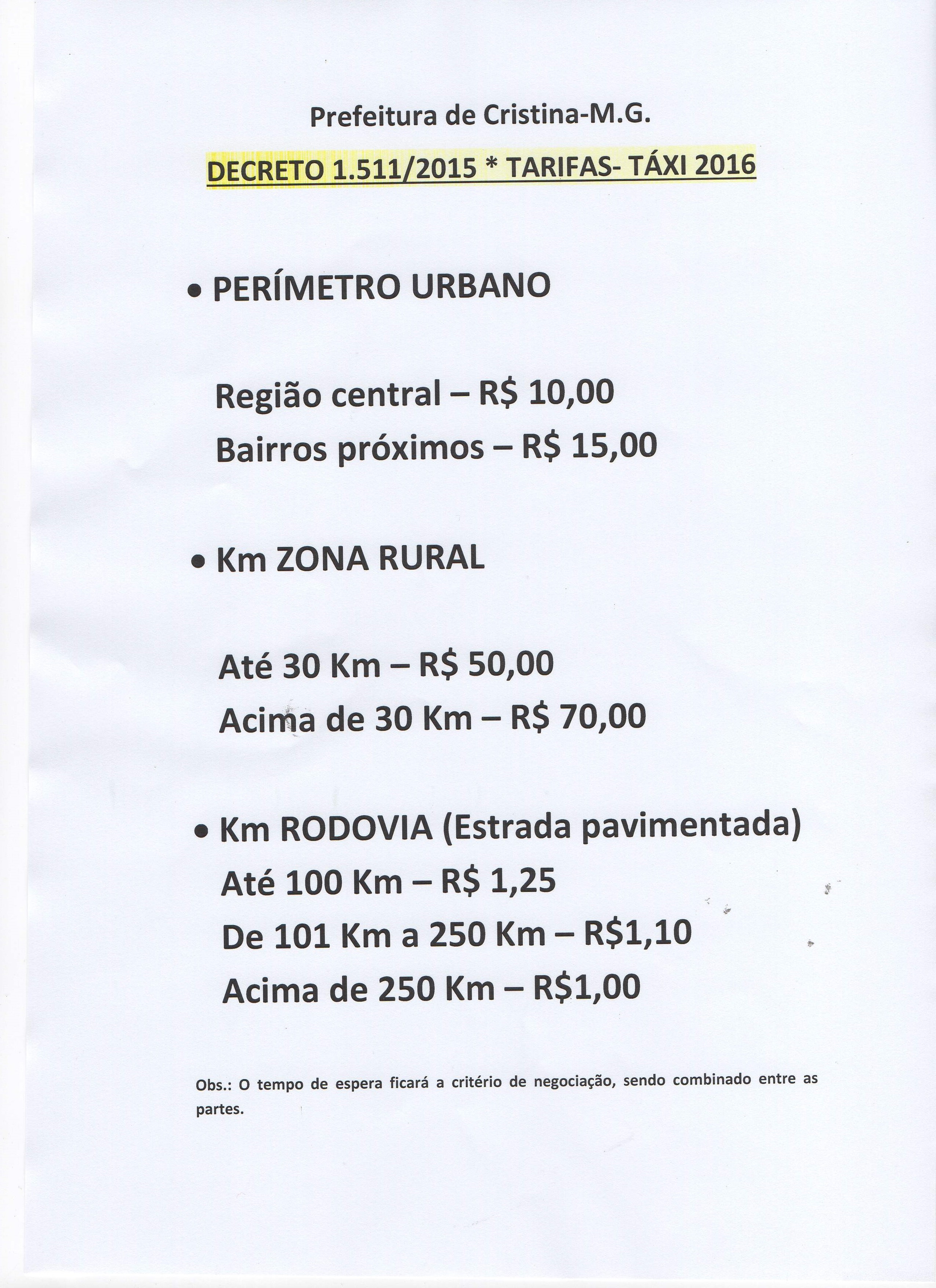 Informe de tarifas a serem aplicadas pelos taxistas no município de Cristina-MG, conforme Decreto 1.511/2015 da Prefeitura Municipal