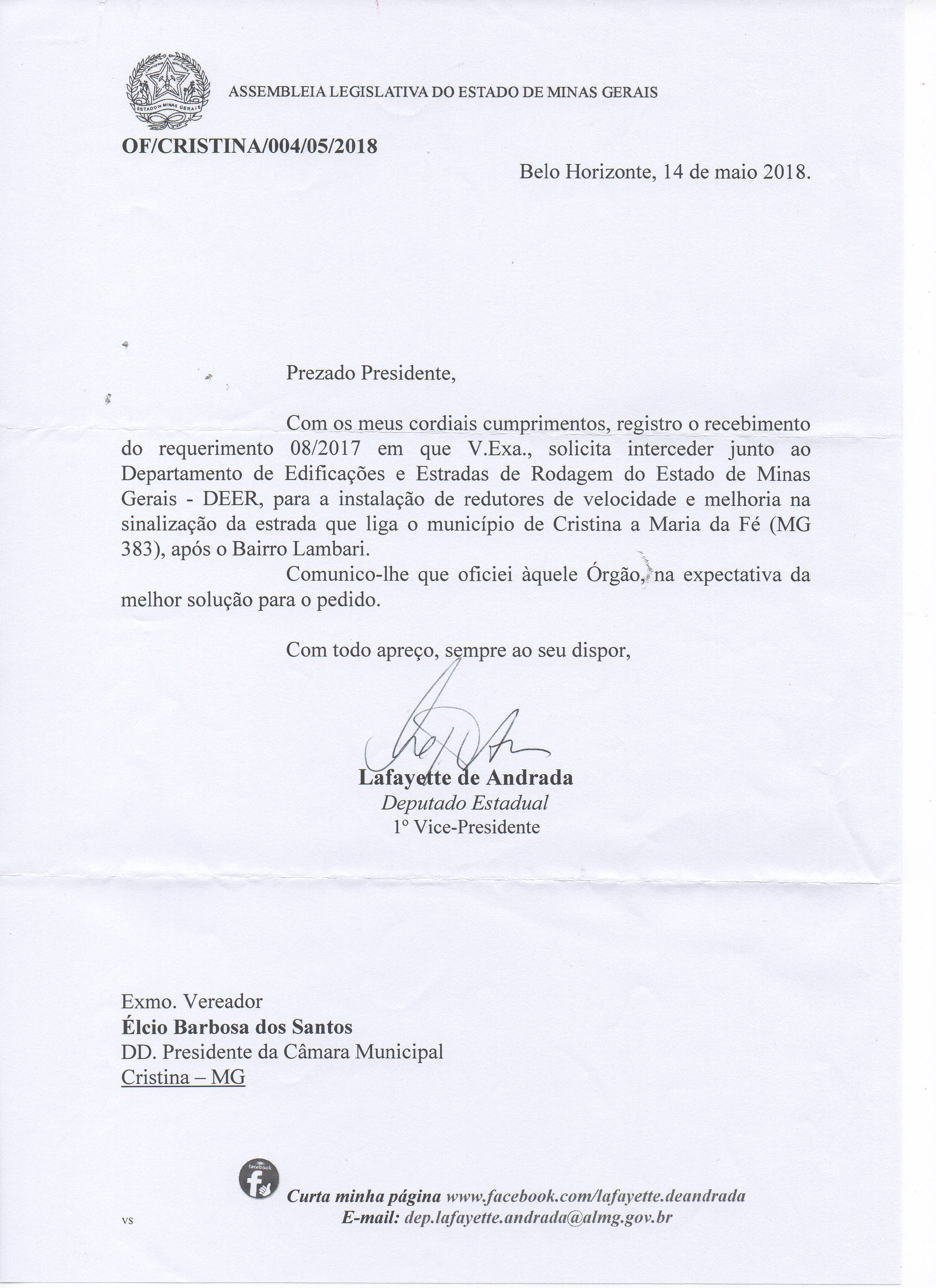 Ofício 004/05/2018 da Assembléia Legislativa do Estado de MG